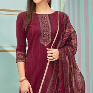 Maroon Printed With Embroidery Tapetta Silk Kurti With Dupatta