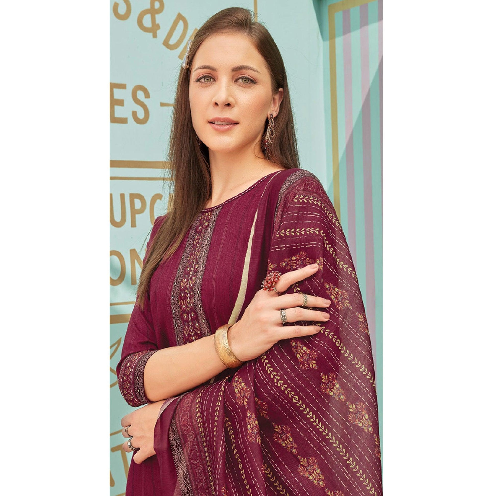 Maroon Printed With Embroidery Tapetta Silk Kurti With Dupatta