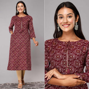 Maroon Jaipuri Print With Gota Patti Work Cotton Blend Kurti
