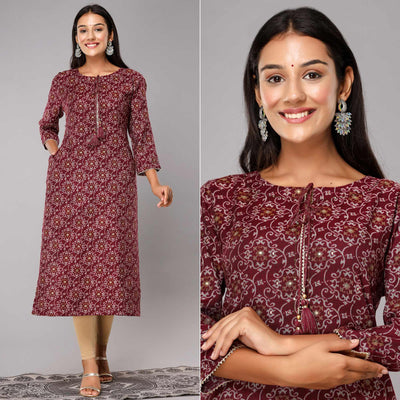 Maroon Jaipuri Print With Gota Patti Work Cotton Blend Kurti