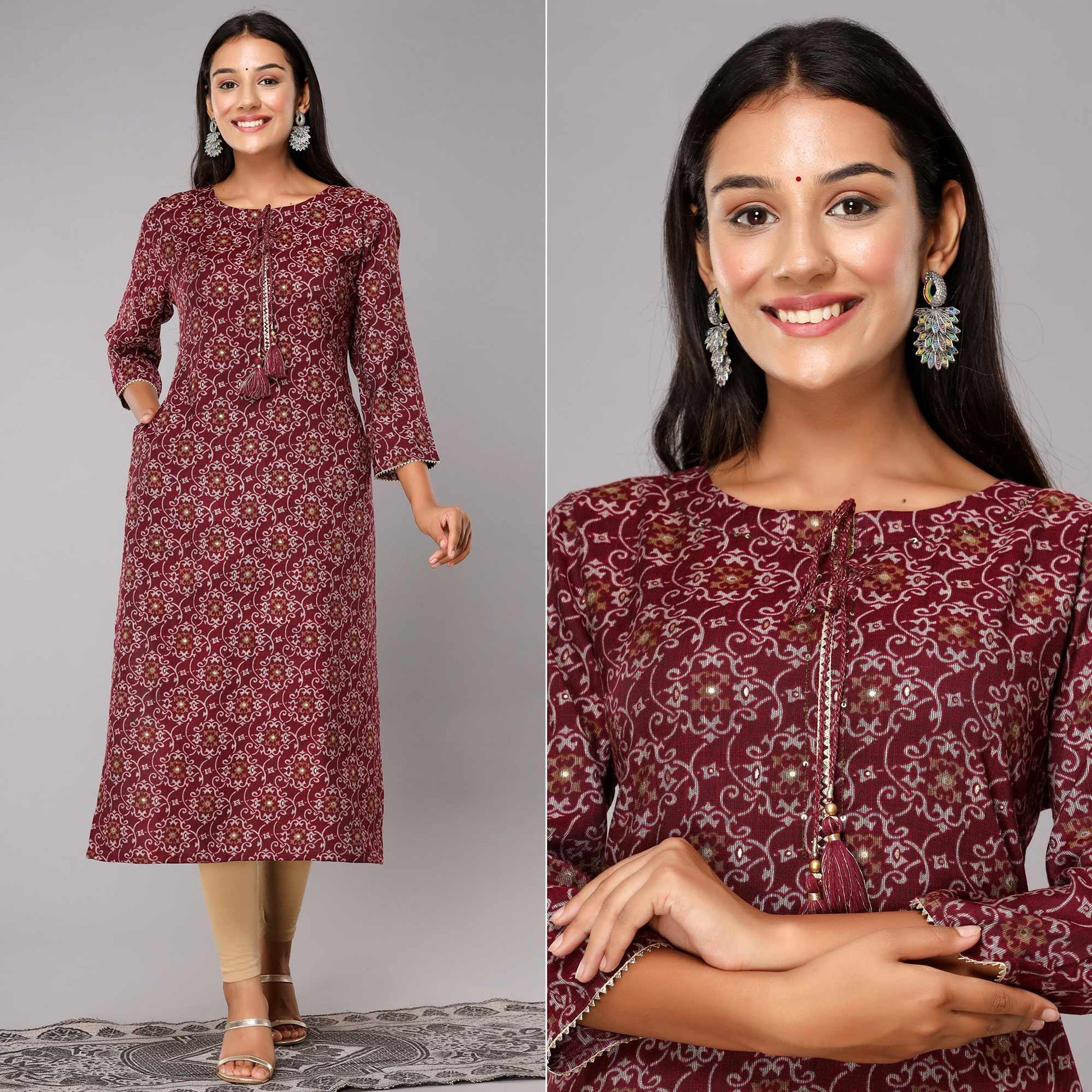 Maroon Jaipuri Print With Gota Patti Work Cotton Blend Kurti