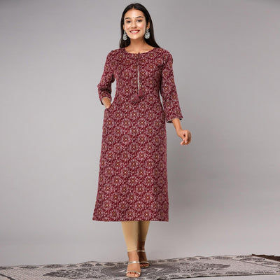 Maroon Jaipuri Print With Gota Patti Work Cotton Blend Kurti