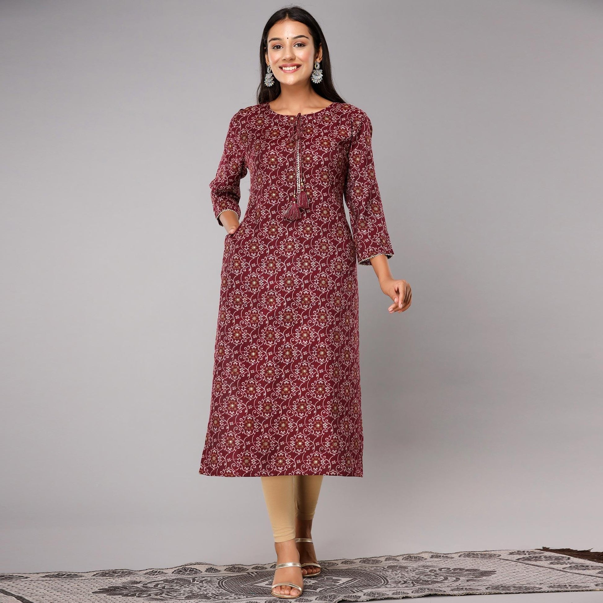 Maroon Jaipuri Print With Gota Patti Work Cotton Blend Kurti