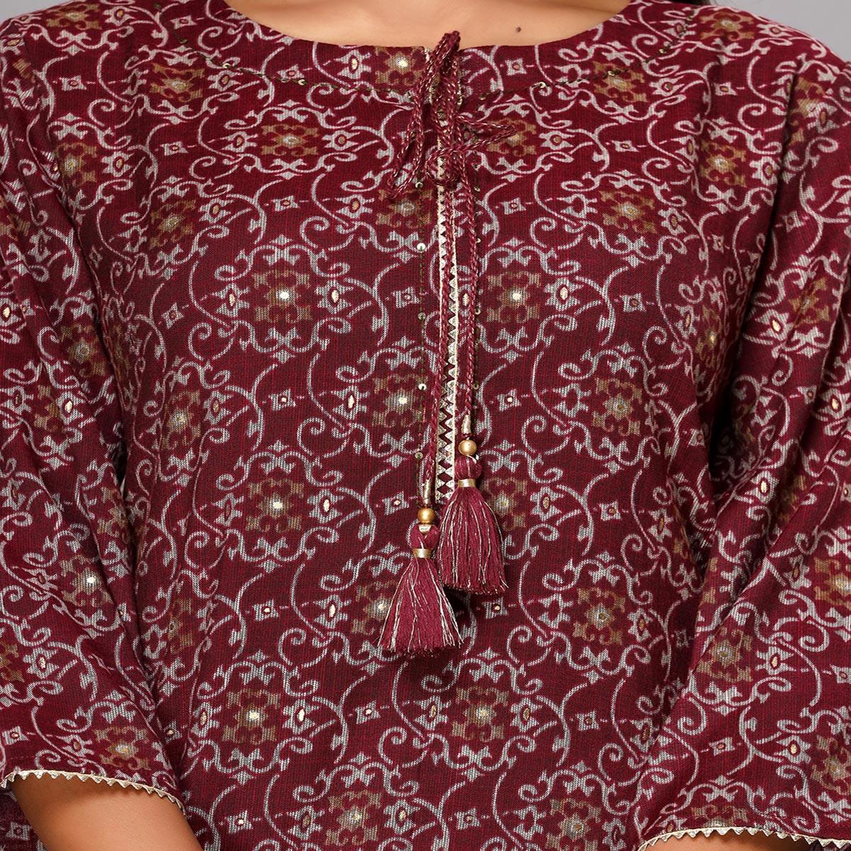 Maroon Jaipuri Print With Gota Patti Work Cotton Blend Kurti