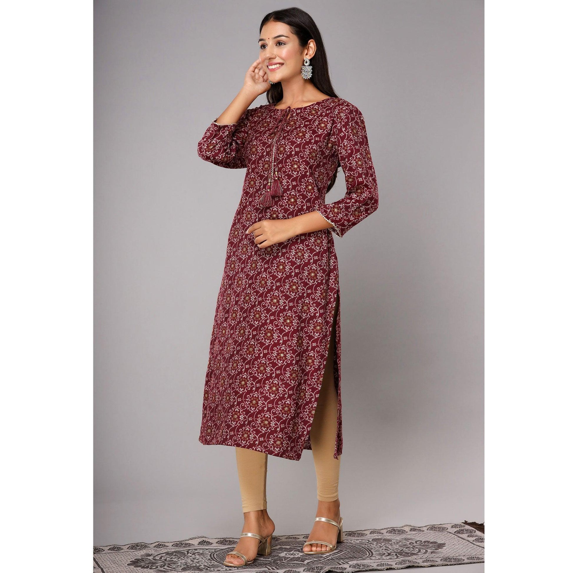 Maroon Jaipuri Print With Gota Patti Work Cotton Blend Kurti