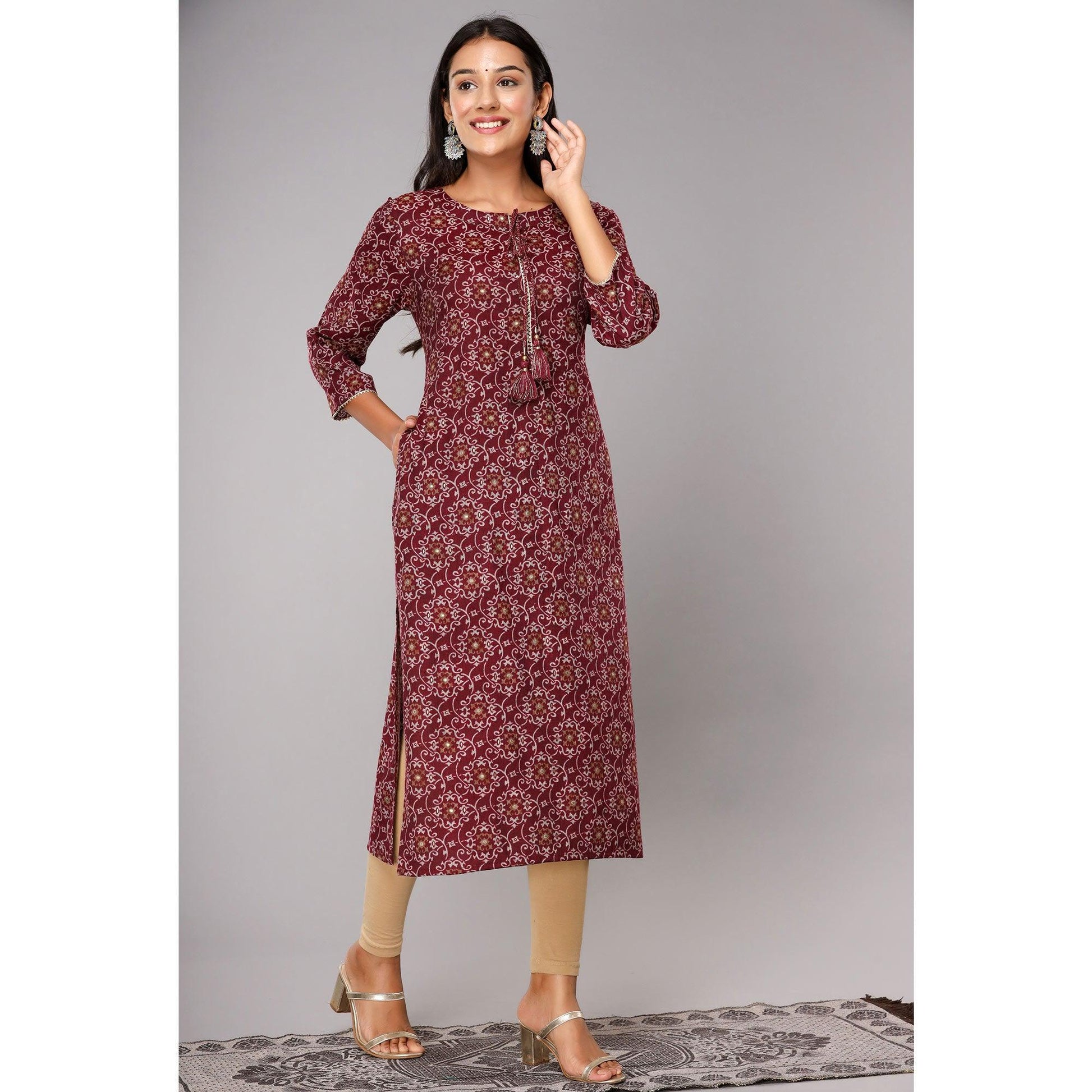 Maroon Jaipuri Print With Gota Patti Work Cotton Blend Kurti