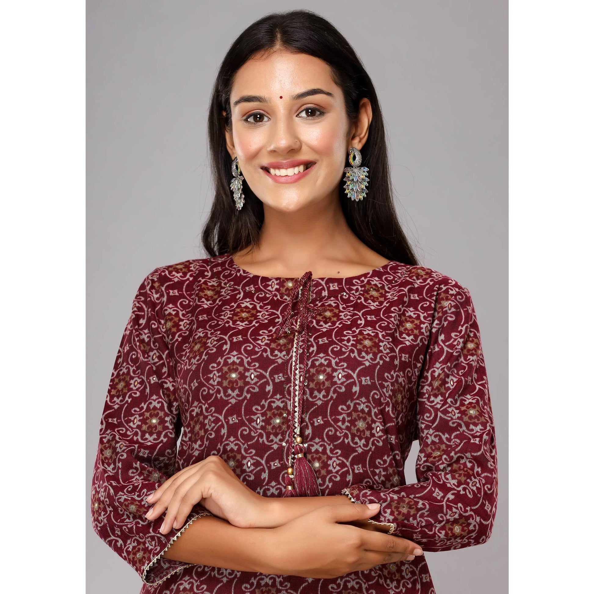 Maroon Jaipuri Print With Gota Patti Work Cotton Blend Kurti