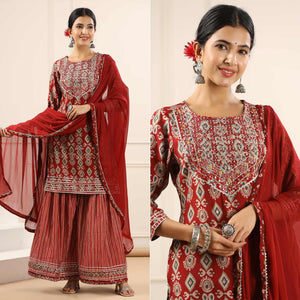 Maroon Printed With Gota Work Muslin Sharara Suit