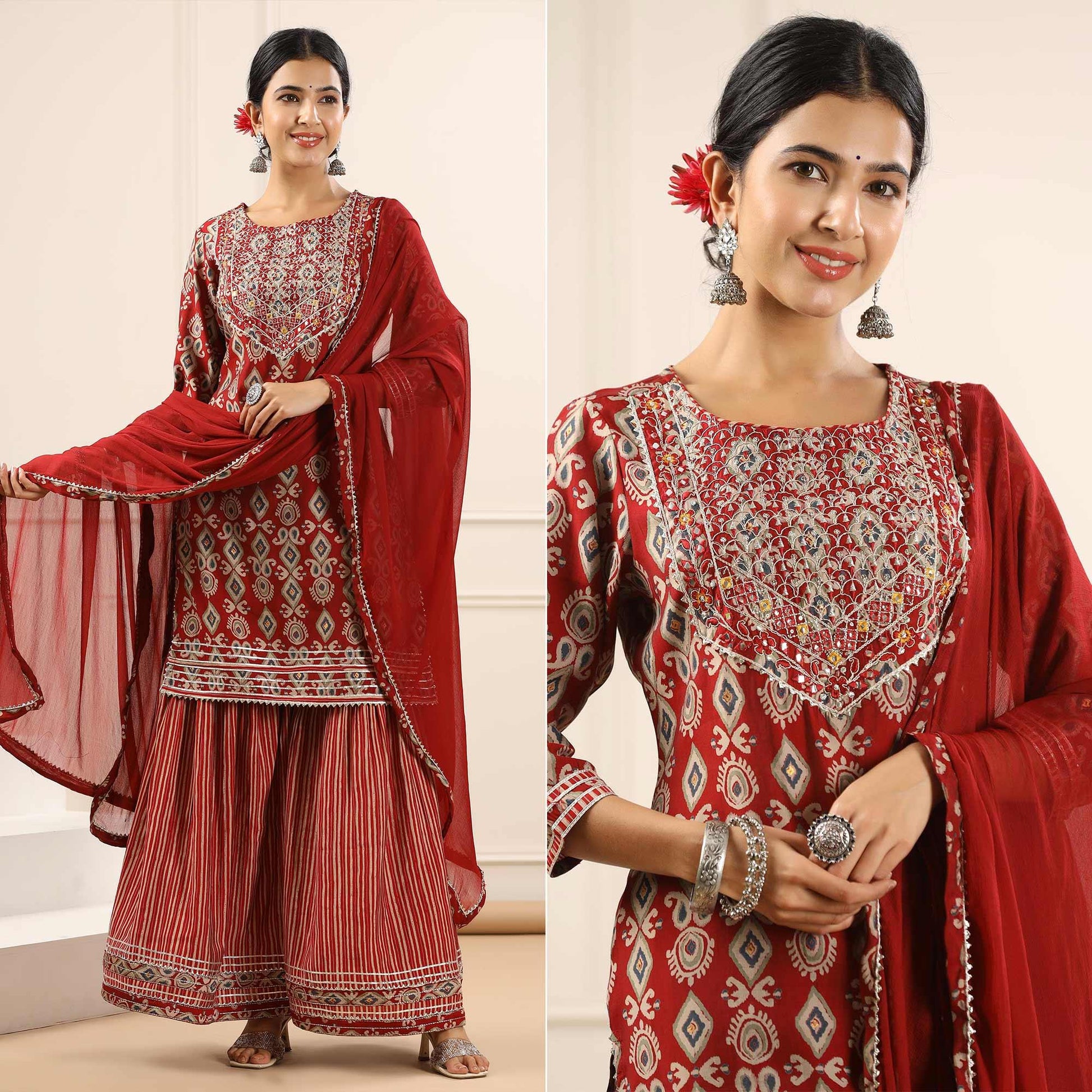 Maroon Printed With Gota Work Muslin Sharara Suit