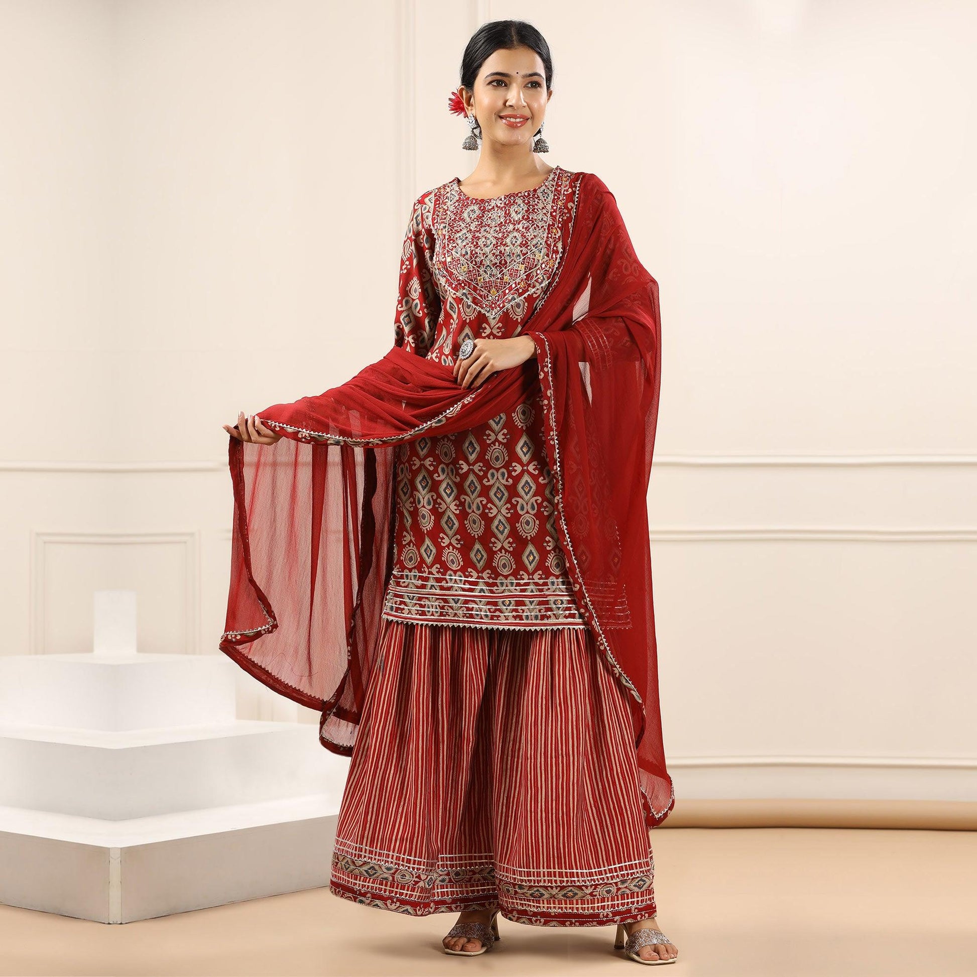 Maroon Printed With Gota Work Muslin Sharara Suit