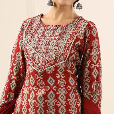 Maroon Printed With Gota Work Muslin Sharara Suit