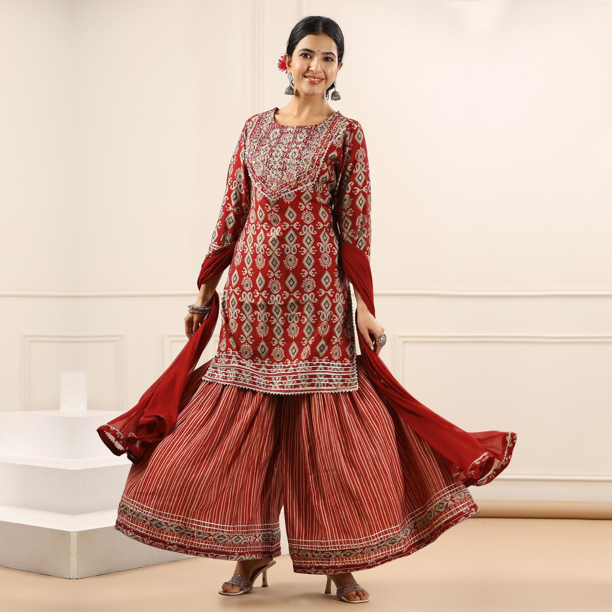 Maroon Printed With Gota Work Muslin Sharara Suit