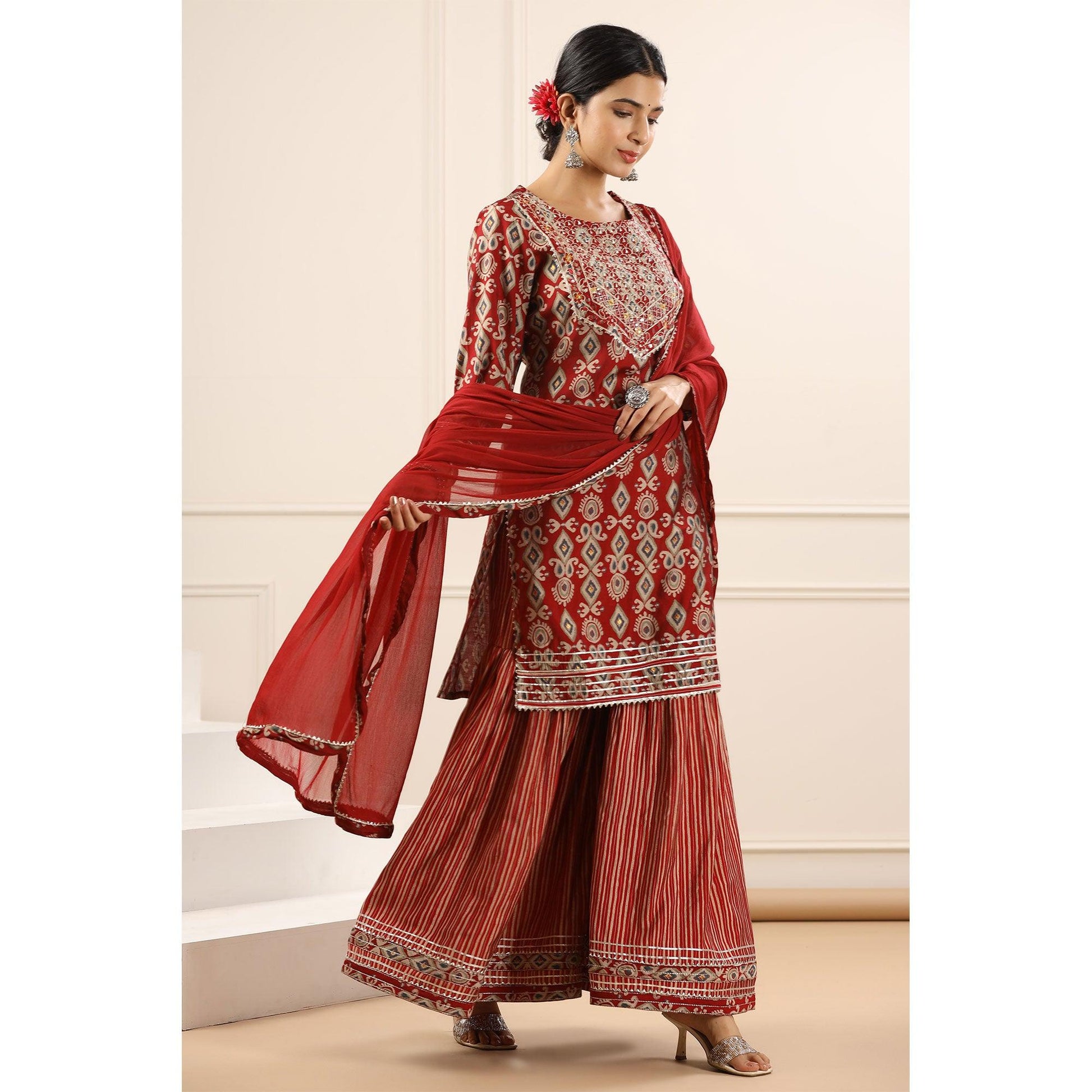 Maroon Printed With Gota Work Muslin Sharara Suit