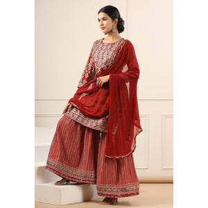 Maroon Printed With Gota Work Muslin Sharara Suit