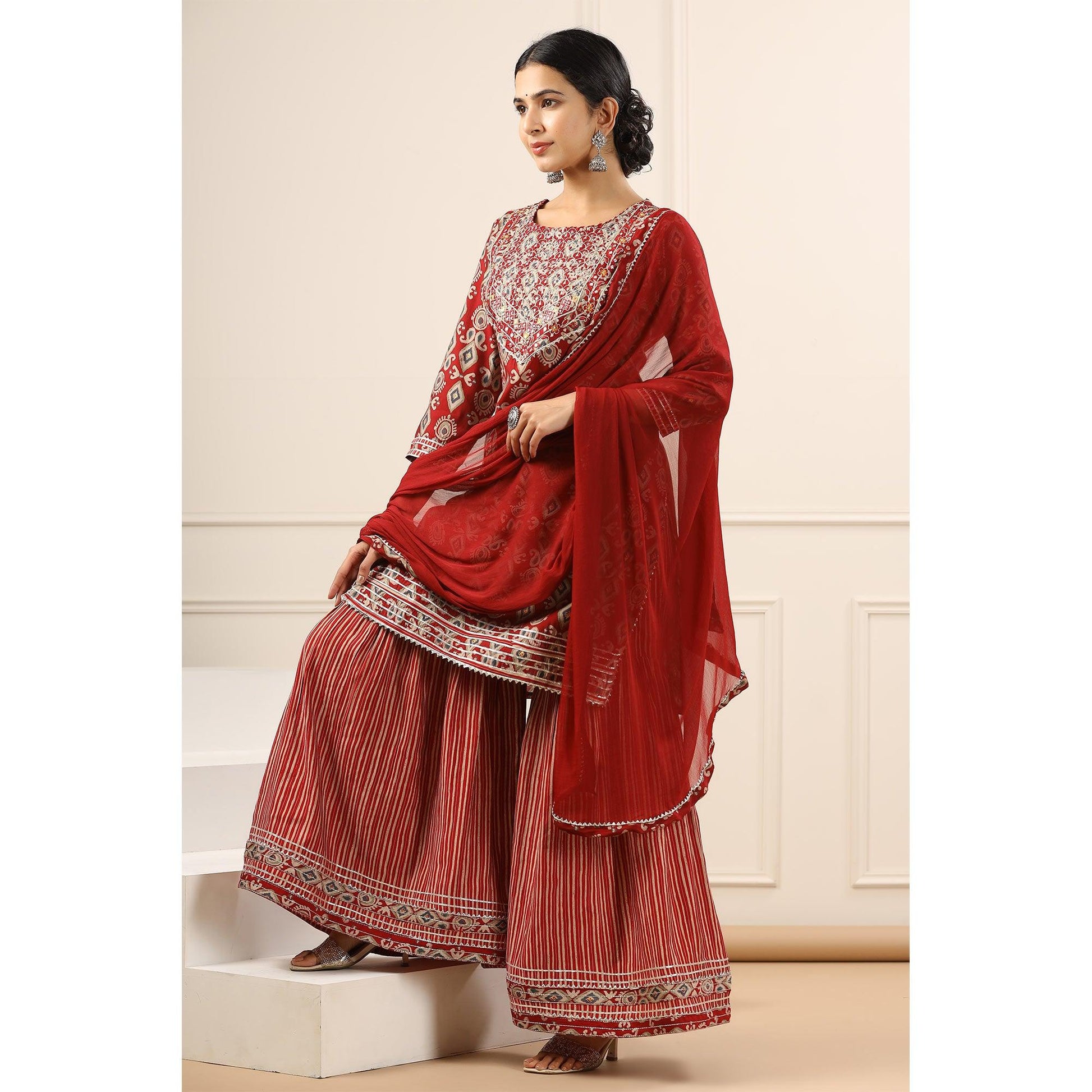 Maroon Printed With Gota Work Muslin Sharara Suit