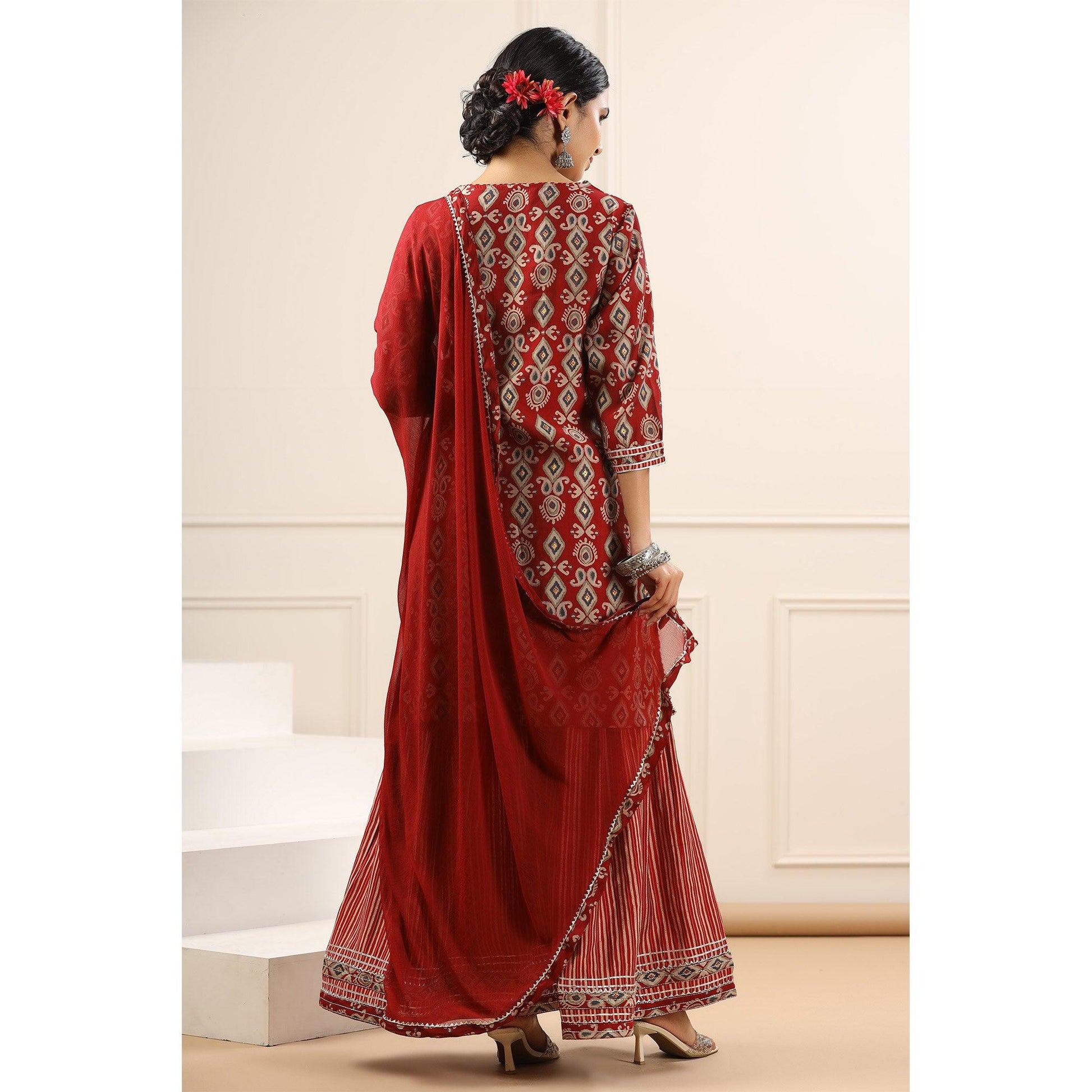 Maroon Printed With Gota Work Muslin Sharara Suit