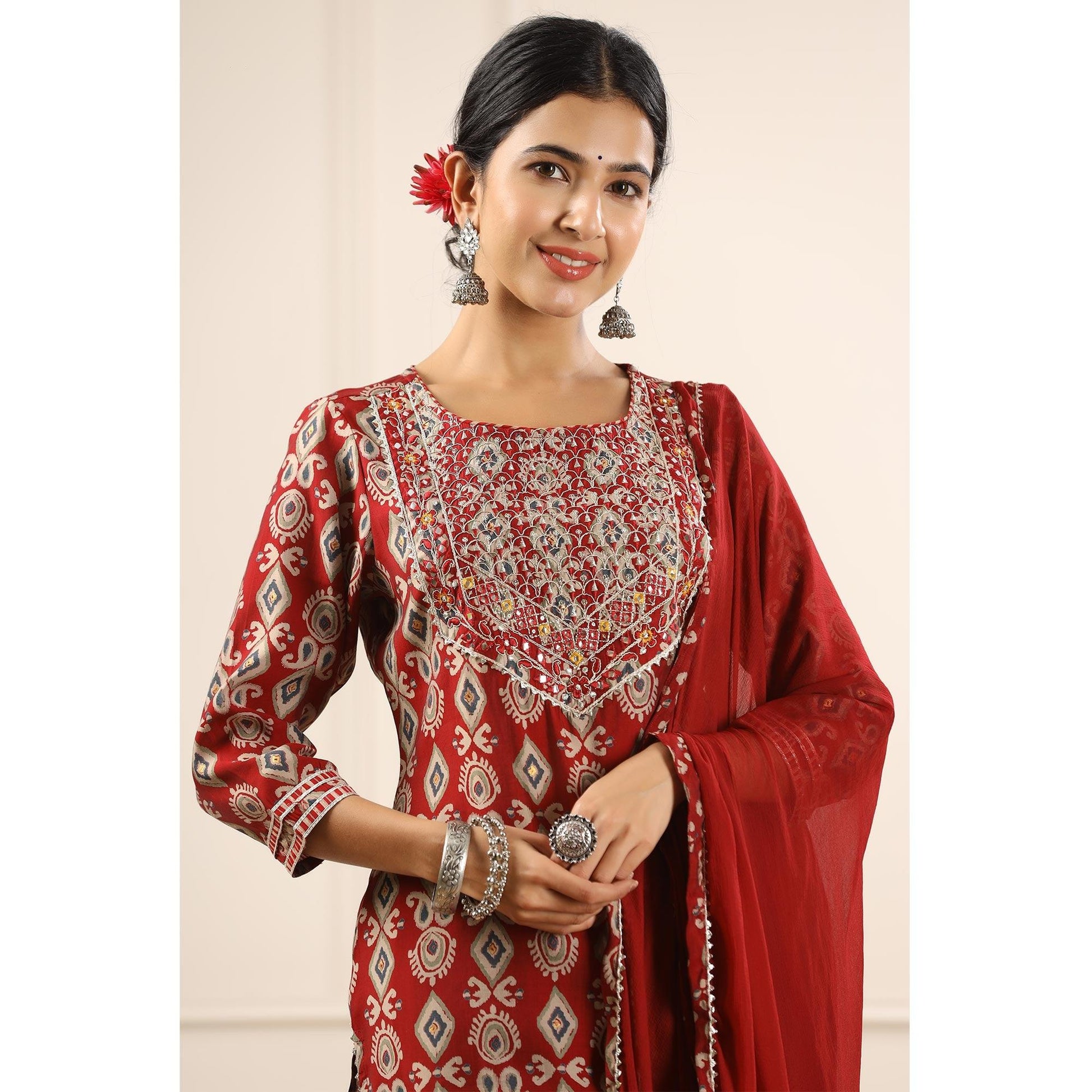 Maroon Printed With Gota Work Muslin Sharara Suit