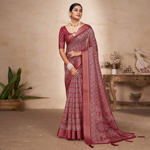 Maroon Printed-Woven Dola Silk Saree With Tassels