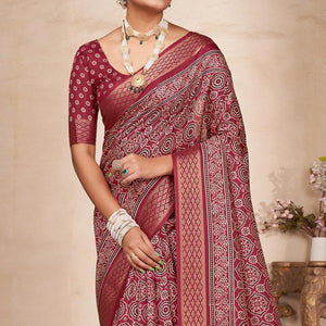 Maroon Printed-Woven Dola Silk Saree With Tassels