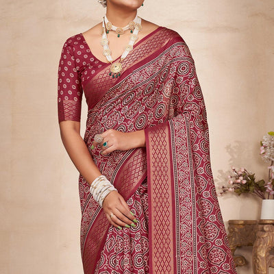 Maroon Printed-Woven Dola Silk Saree With Tassels