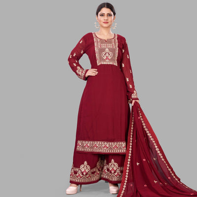 Maroon Semi Party Wear Embroidered Heavy Georgette Palazzo Suit