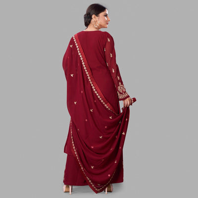 Maroon Semi Party Wear Embroidered Heavy Georgette Palazzo Suit