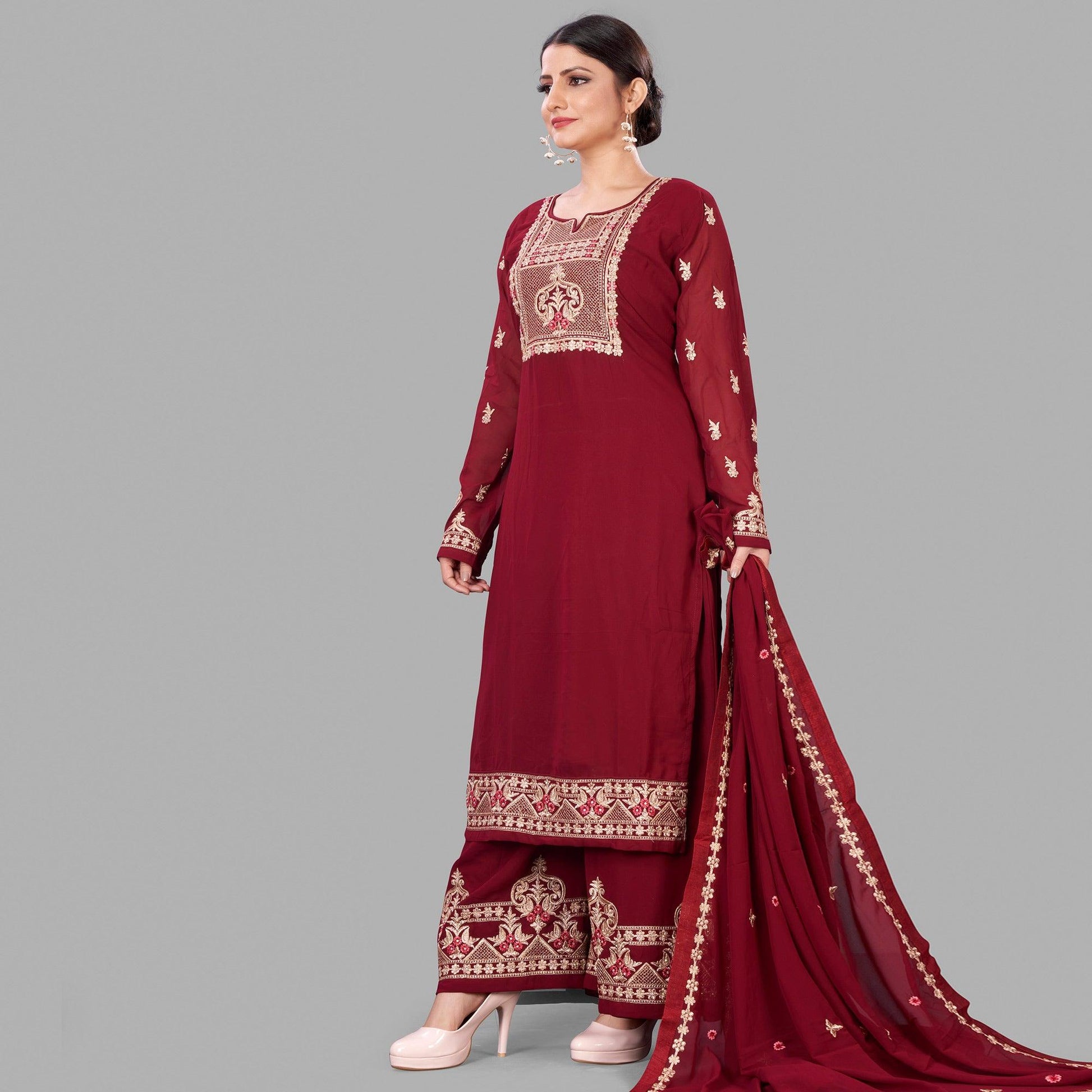Maroon Semi Party Wear Embroidered Heavy Georgette Palazzo Suit
