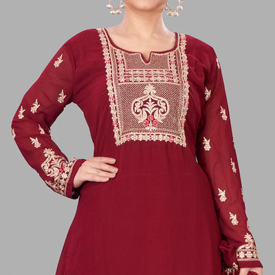 Maroon Semi Party Wear Embroidered Heavy Georgette Palazzo Suit