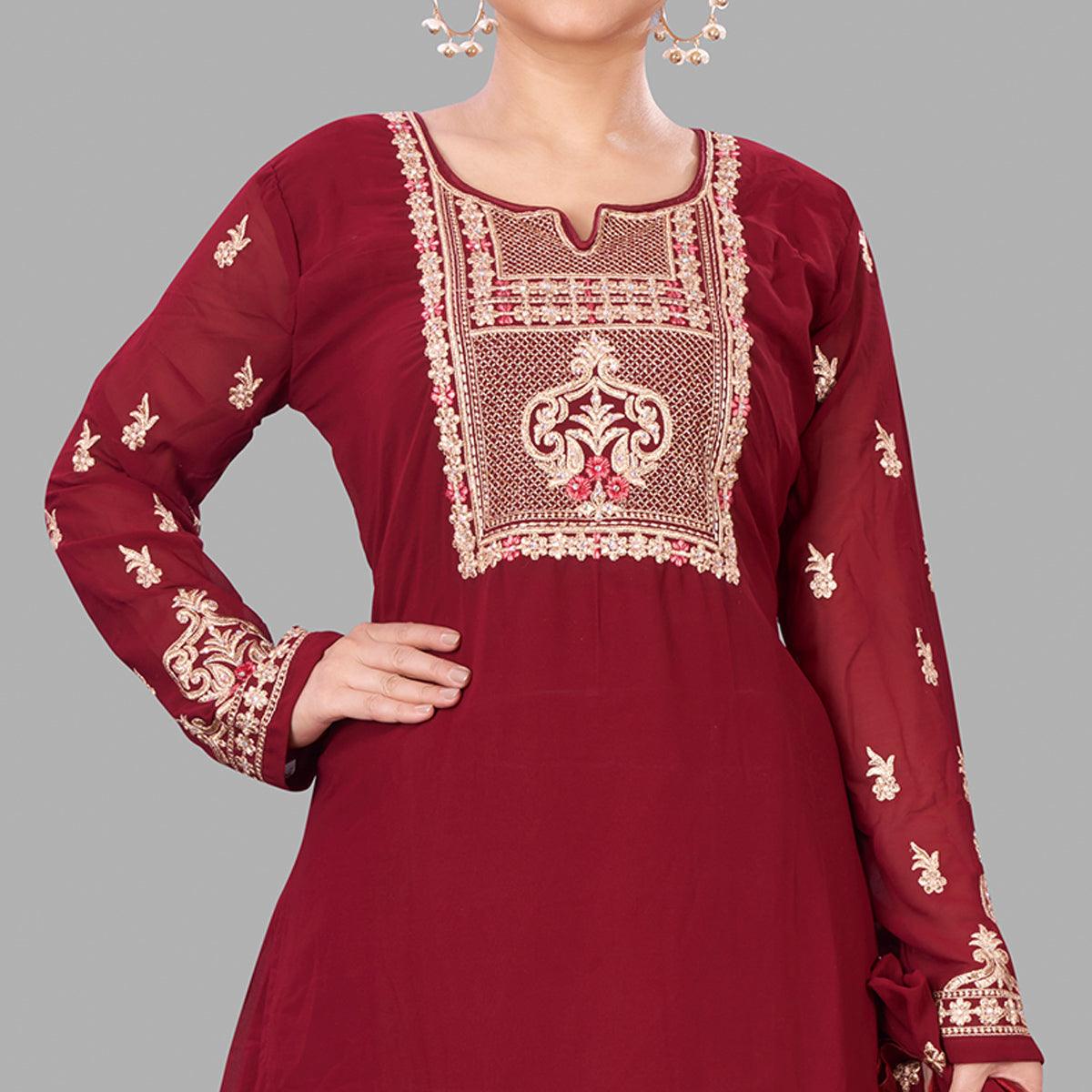 Maroon Semi Party Wear Embroidered Heavy Georgette Palazzo Suit