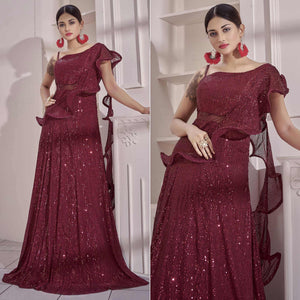 Maroon Sequins Embroidered Art Silk Gown