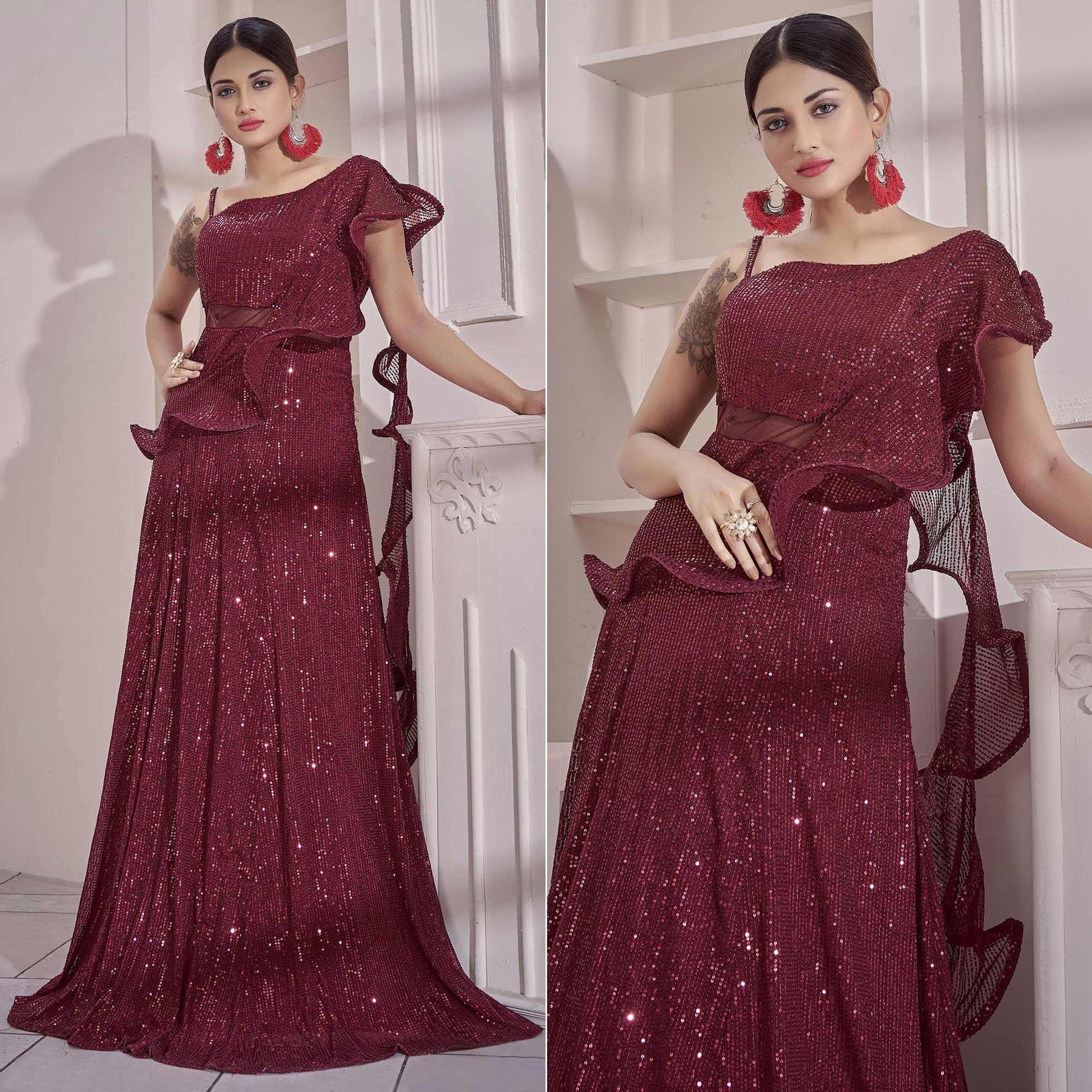 Maroon Sequins Embroidered Art Silk Gown