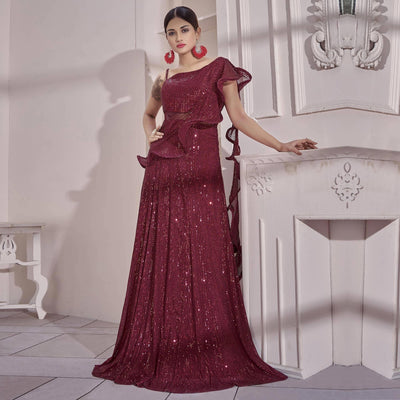 Maroon Sequins Embroidered Art Silk Gown