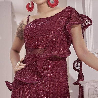 Maroon Sequins Embroidered Art Silk Gown
