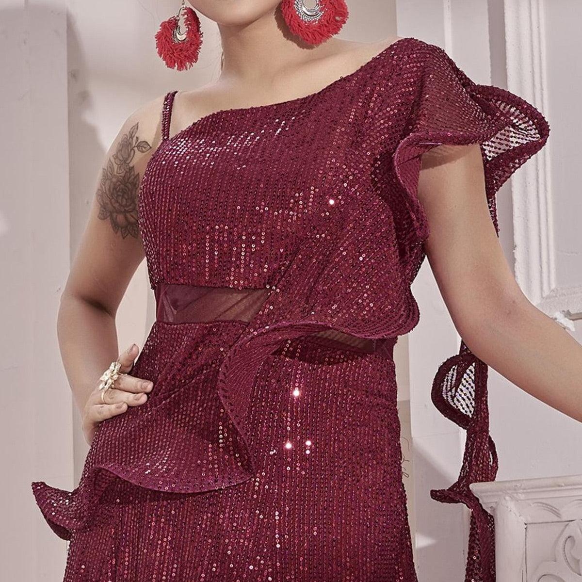 Maroon Sequins Embroidered Art Silk Gown