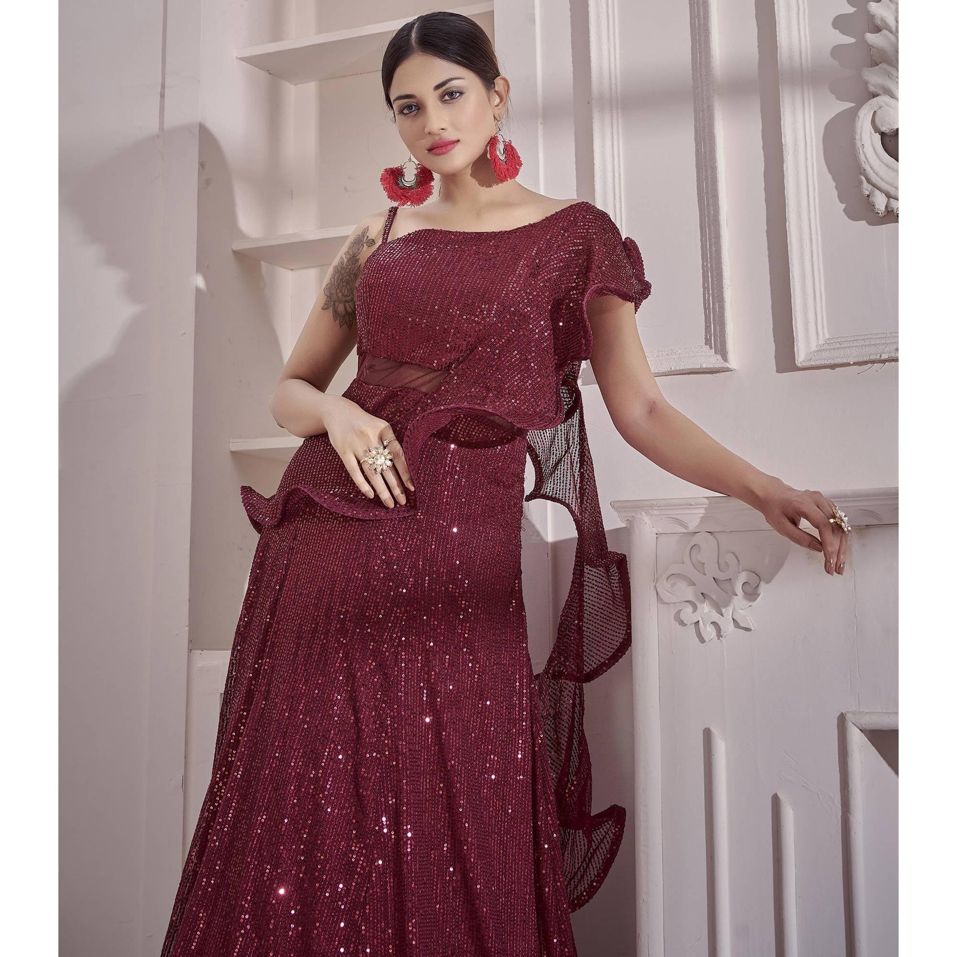 Maroon Sequins Embroidered Art Silk Gown
