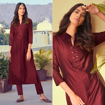 Maroon Sequins Embroidered Art Silk Kurti Pant Set
