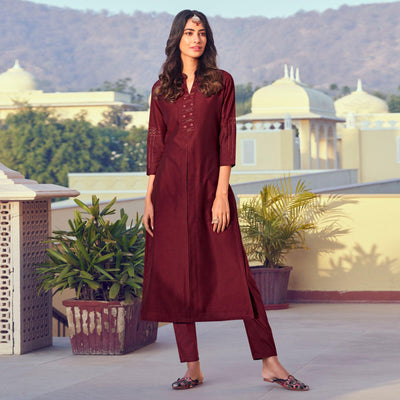 Maroon Sequins Embroidered Art Silk Kurti Pant Set