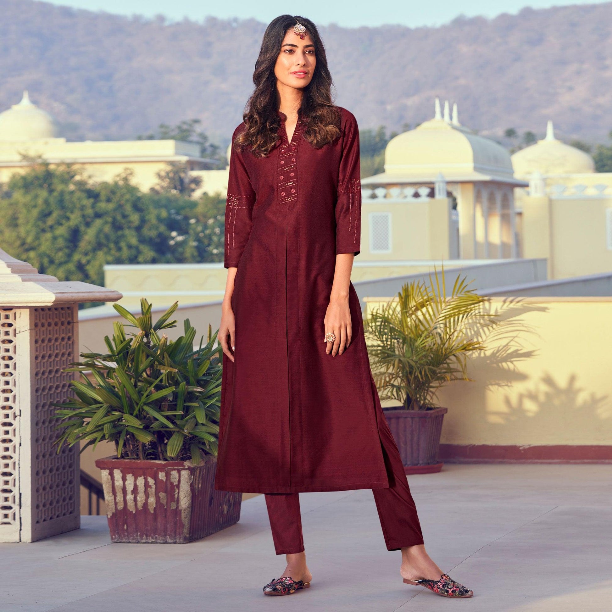 Maroon Sequins Embroidered Art Silk Kurti Pant Set