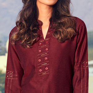 Maroon Sequins Embroidered Art Silk Kurti Pant Set