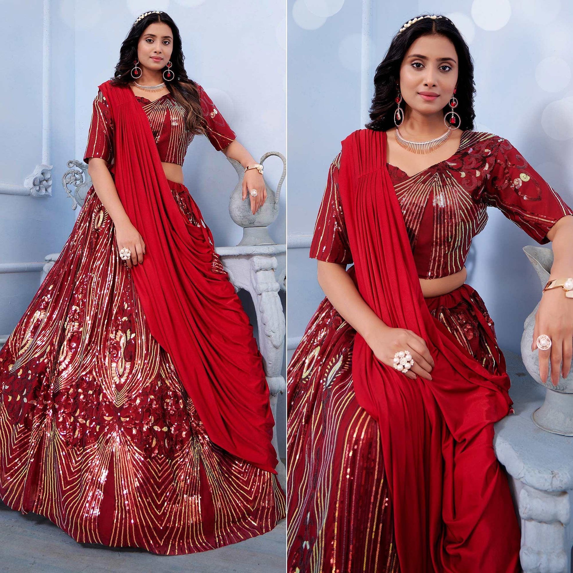 Maroon Sequins Embroidered Art Silk Lehenga Choli