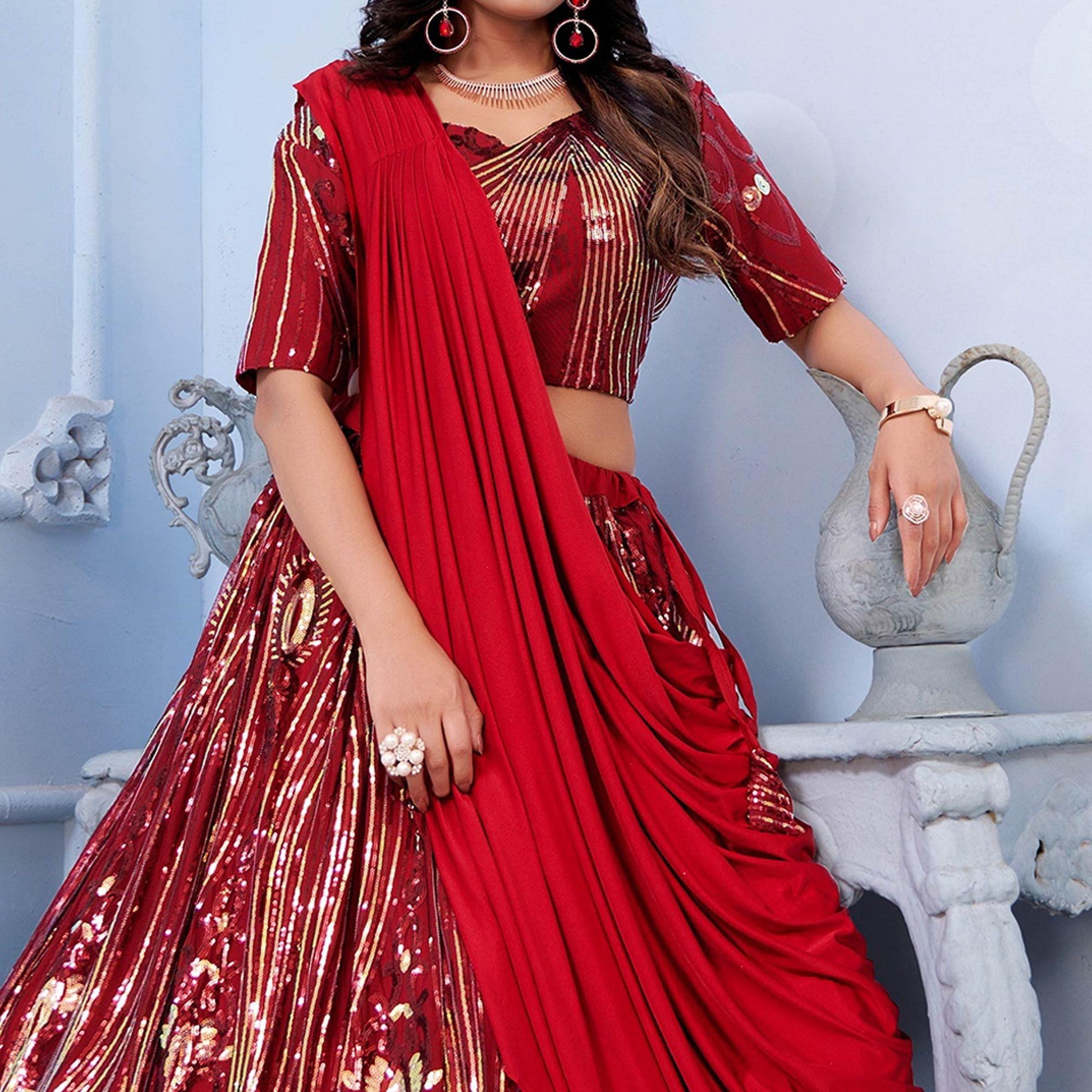 Maroon Sequins Embroidered Art Silk Lehenga Choli