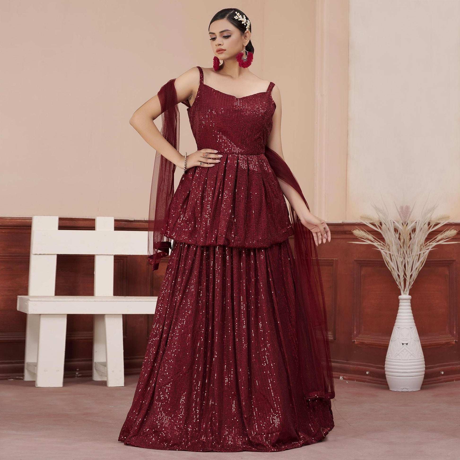 Maroon Sequins Embroidered Art Silk Lehenga Choli