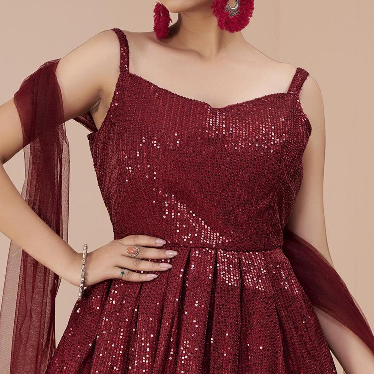 Maroon Sequins Embroidered Art Silk Lehenga Choli