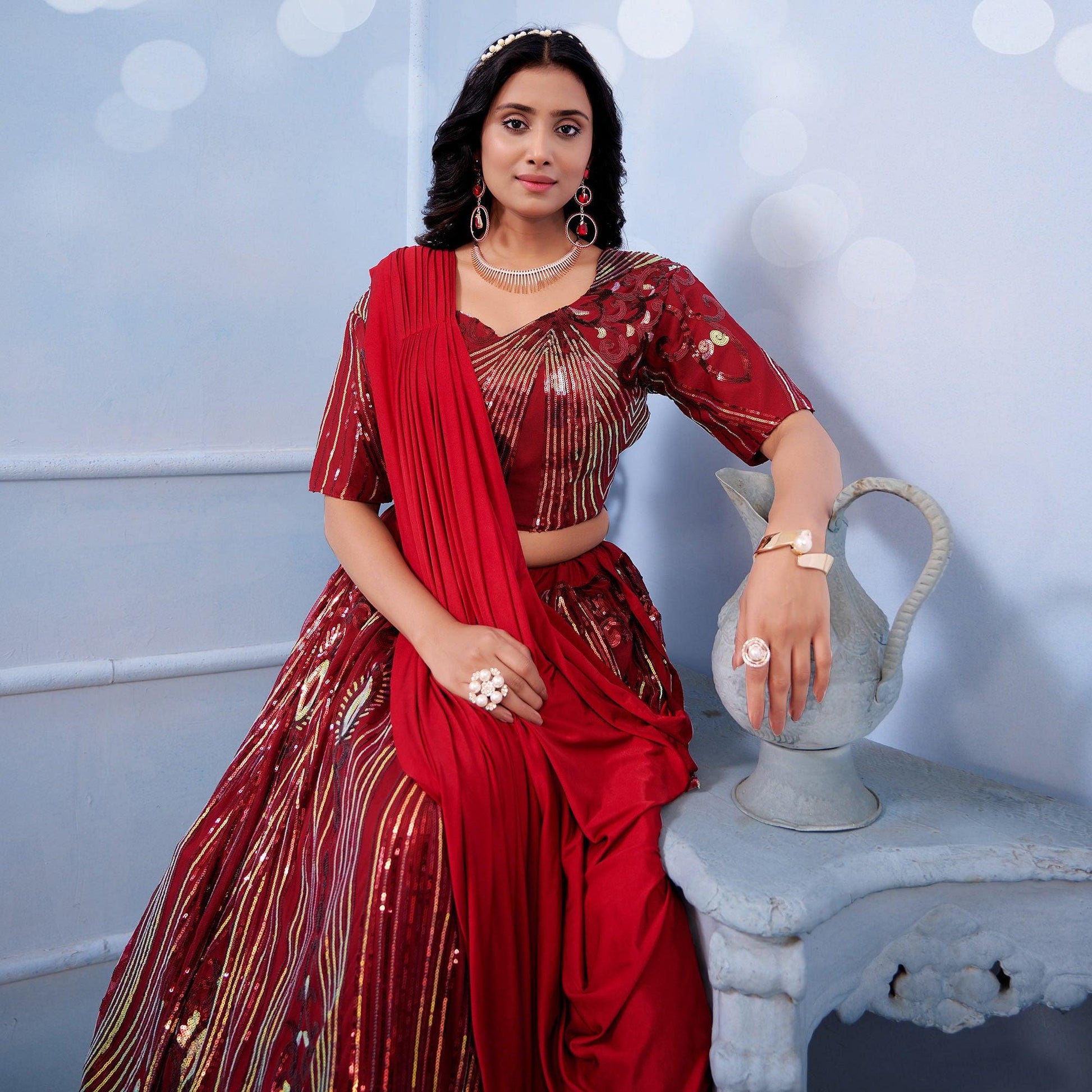 Maroon Sequins Embroidered Art Silk Lehenga Choli