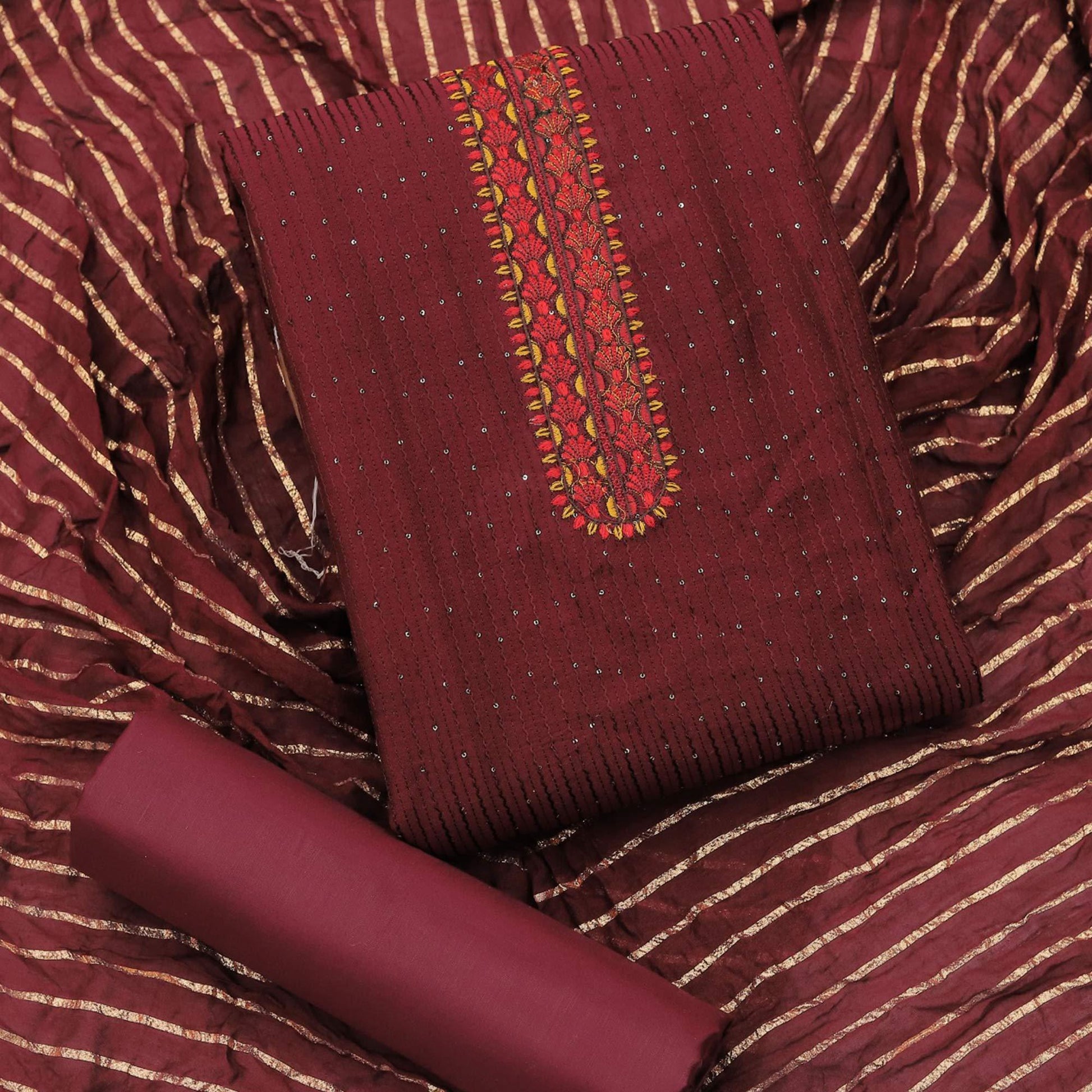 Maroon Sequins Embroidered Chanderi Dress Material
