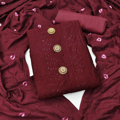 Maroon Sequins Embroidered Chanderi Dress Material