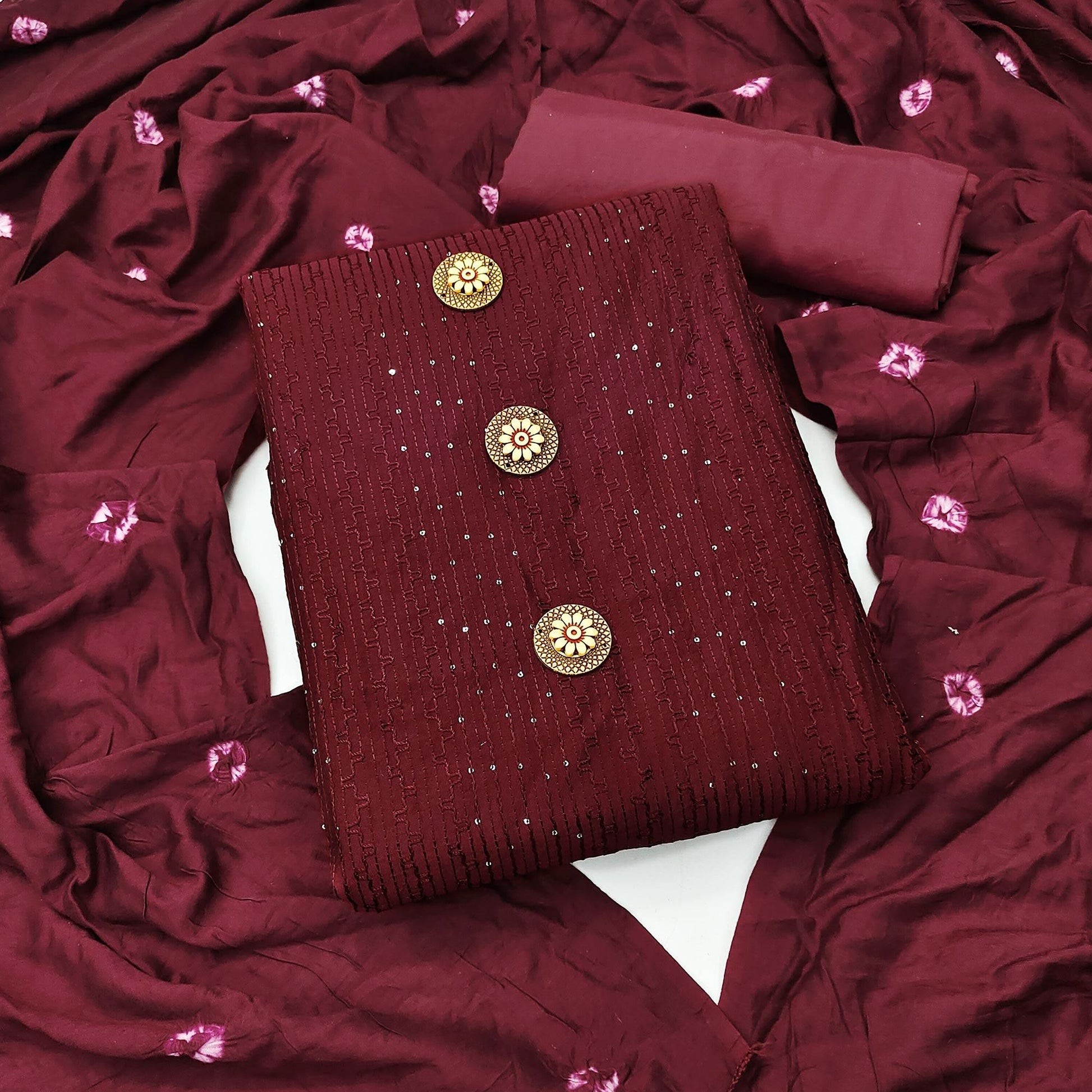 Maroon Sequins Embroidered Chanderi Dress Material