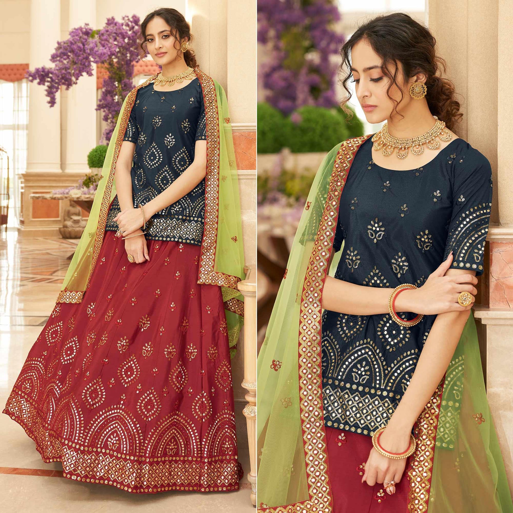 Maroon Sequins Embroidered Chiffon Lehenga Choli