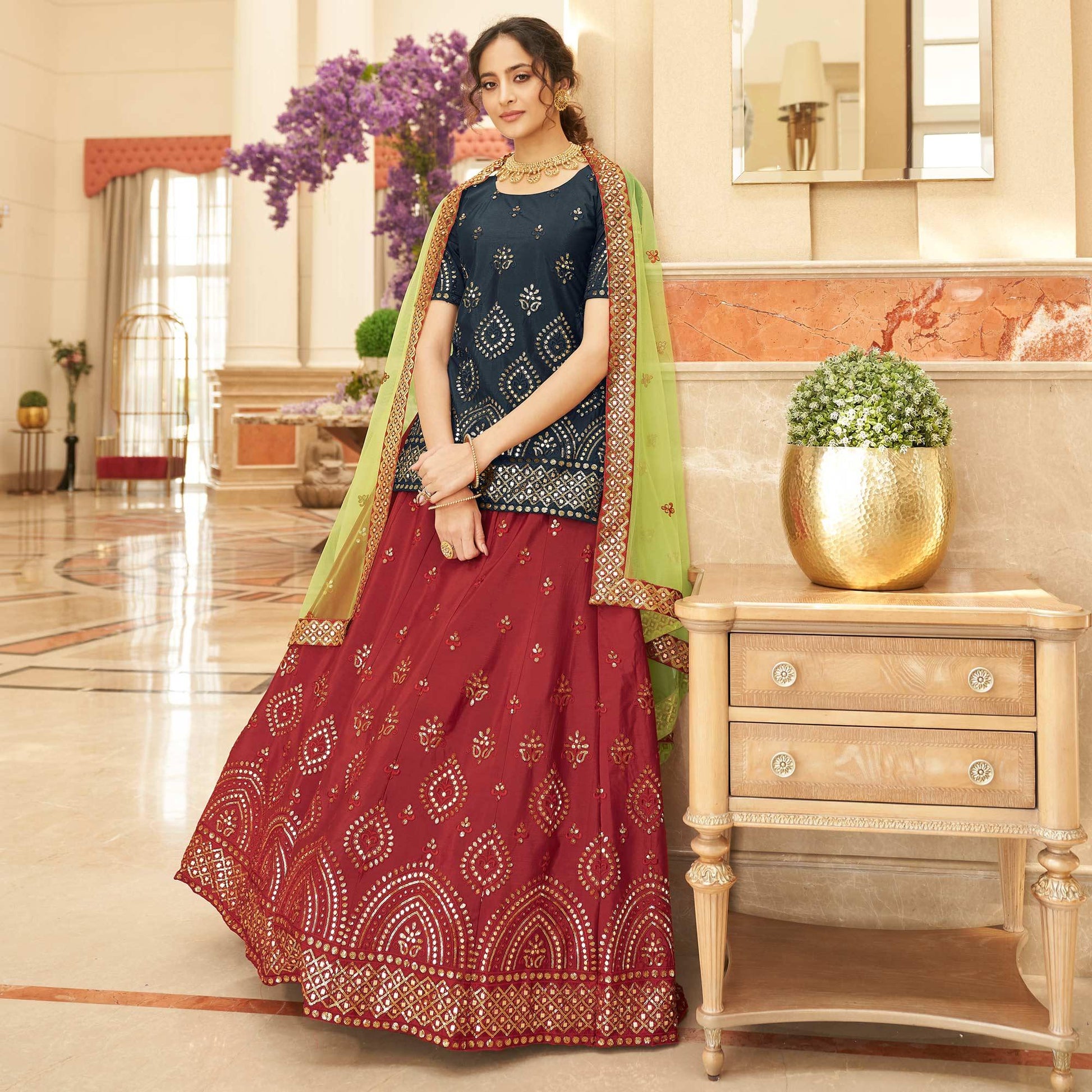 Maroon Sequins Embroidered Chiffon Lehenga Choli