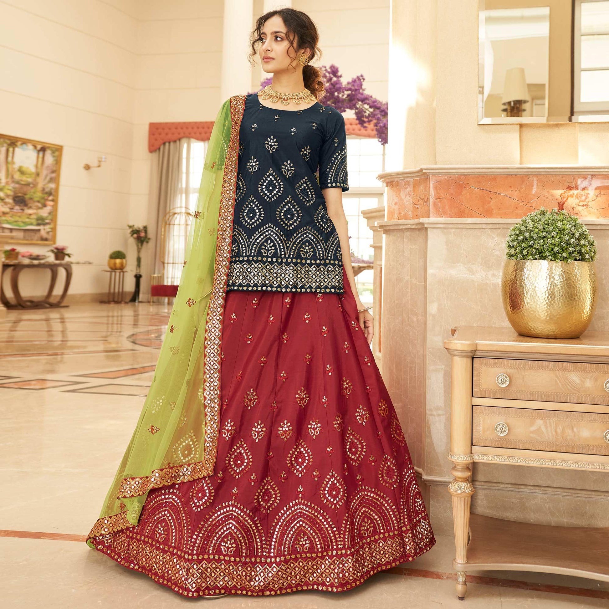 Maroon Sequins Embroidered Chiffon Lehenga Choli